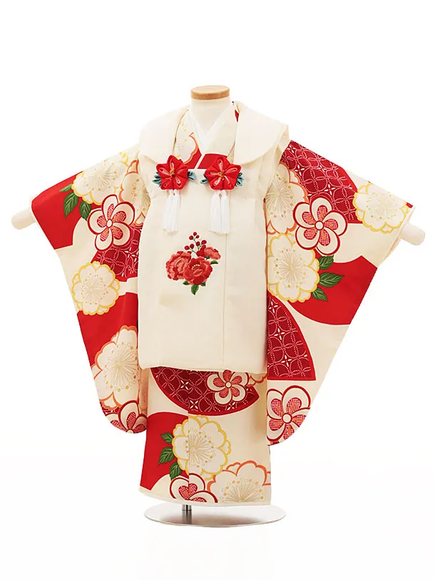 RENCA(3歳女児被布)3013クリーム 椿xクリーム 赤扇面に桜