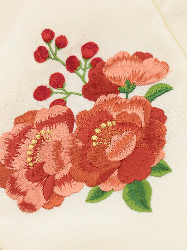 RENCA(3歳女児被布)3013クリーム 椿xクリーム 赤扇面に桜