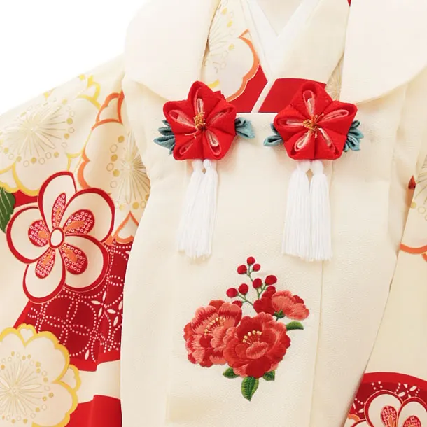 RENCA(3歳女児被布)3013クリーム 椿xクリーム 赤扇面に桜