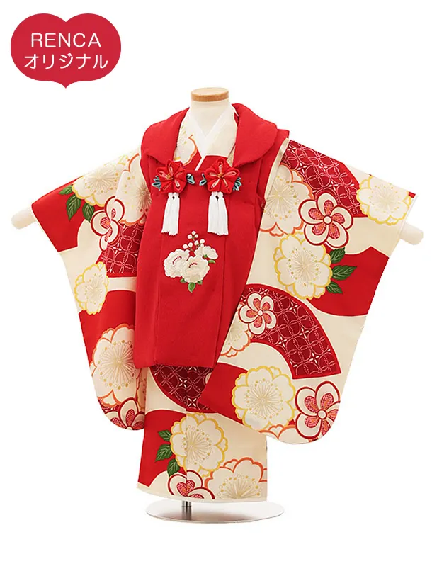 RENCA(3歳女児被布)3014赤 椿xクリーム 赤扇面に桜