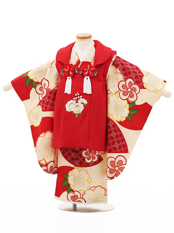 RENCA(3歳女児被布)3014赤 椿xクリーム 赤扇面に桜
