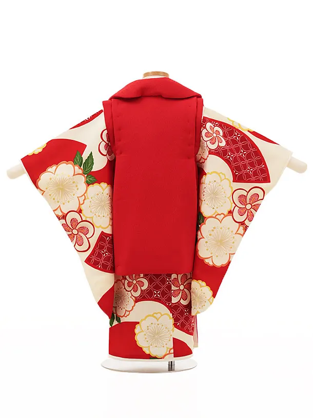 RENCA(3歳女児被布)3014赤 椿xクリーム 赤扇面に桜