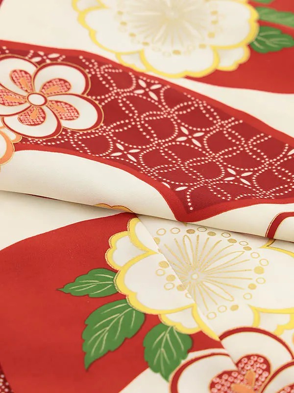 RENCA(3歳女児被布)3014赤 椿xクリーム 赤扇面に桜