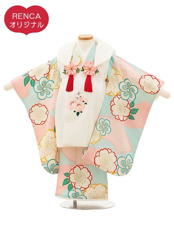 RENCA(3歳女児被布)3015白 椿x水色 ピンク扇面に桜
