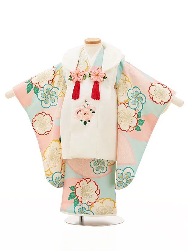 RENCA(3歳女児被布)3015白 椿x水色 ピンク扇面に桜