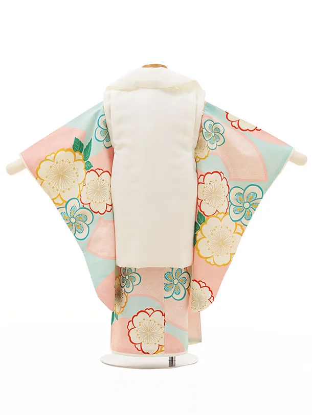RENCA(3歳女児被布)3015白 椿x水色 ピンク扇面に桜