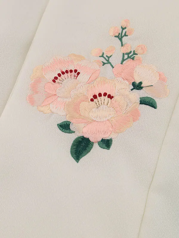 RENCA(3歳女児被布)3015白 椿x水色 ピンク扇面に桜