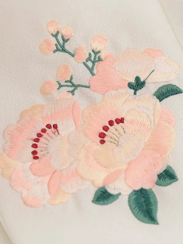 RENCA(3歳女児被布)3015白 椿x水色 ピンク扇面に桜