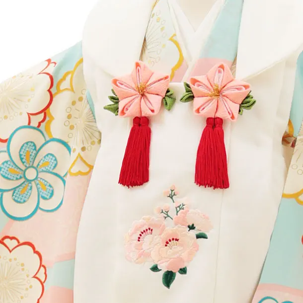 RENCA(3歳女児被布)3015白 椿x水色 ピンク扇面に桜