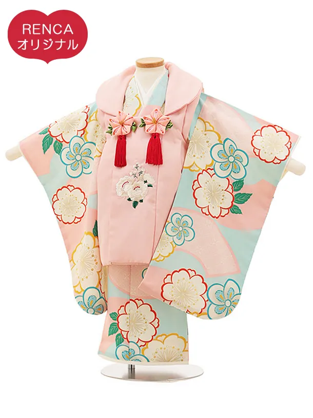 RENCA(3歳女児被布)3016ピンク 椿x水色 ピンク扇面に桜