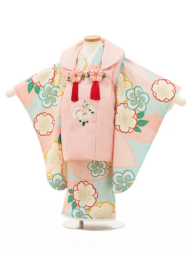 RENCA(3歳女児被布)3016ピンク 椿x水色 ピンク扇面に桜