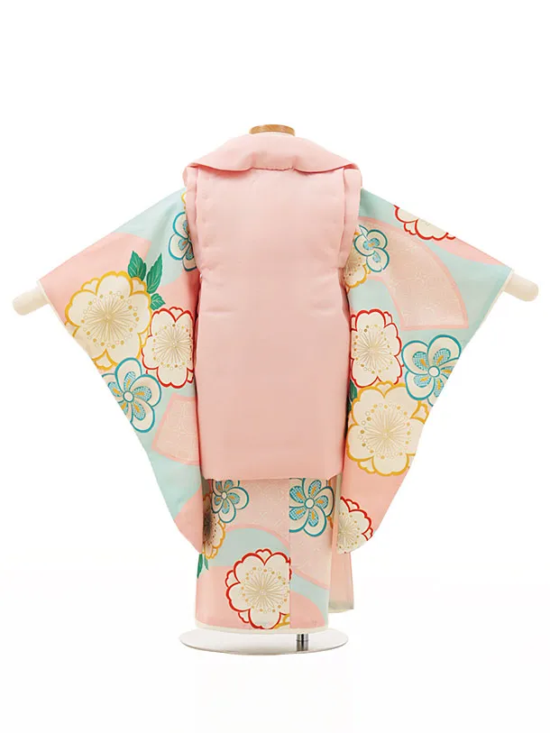 RENCA(3歳女児被布)3016ピンク 椿x水色 ピンク扇面に桜