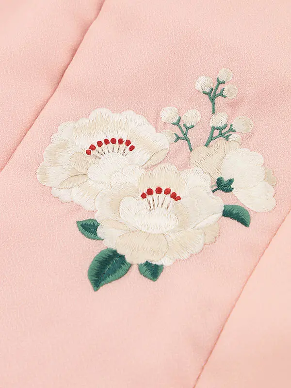 RENCA(3歳女児被布)3016ピンク 椿x水色 ピンク扇面に桜