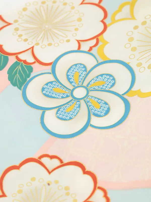 RENCA(3歳女児被布)3016ピンク 椿x水色 ピンク扇面に桜