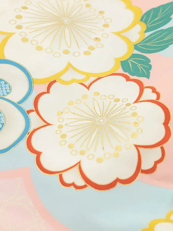 RENCA(3歳女児被布)3016ピンク 椿x水色 ピンク扇面に桜