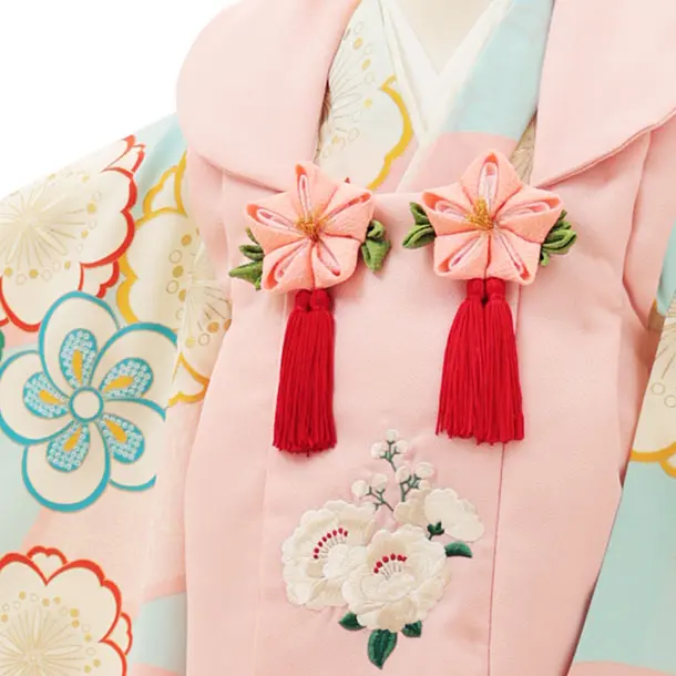 RENCA(3歳女児被布)3016ピンク 椿x水色 ピンク扇面に桜