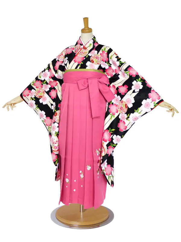 レンタル 袴 ジュニア 卒業式 黒 矢羽 ピンク  No.266