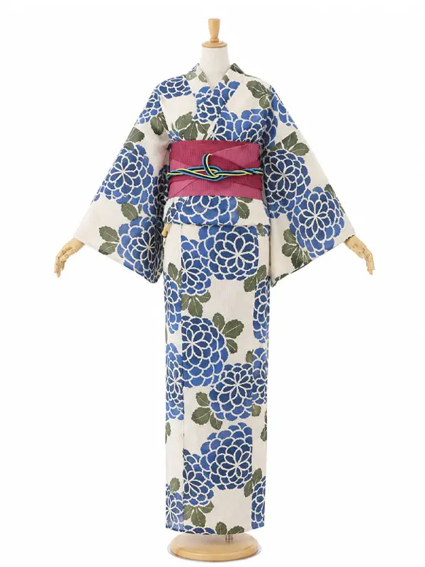 レンタル 浴衣 フルセット 女性 レディース 白 青 紫陽花 綿絽 No2