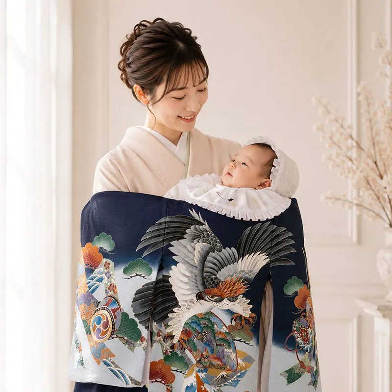 レンタル 正絹 絽 夏用 産着 男の子 紺 No.06