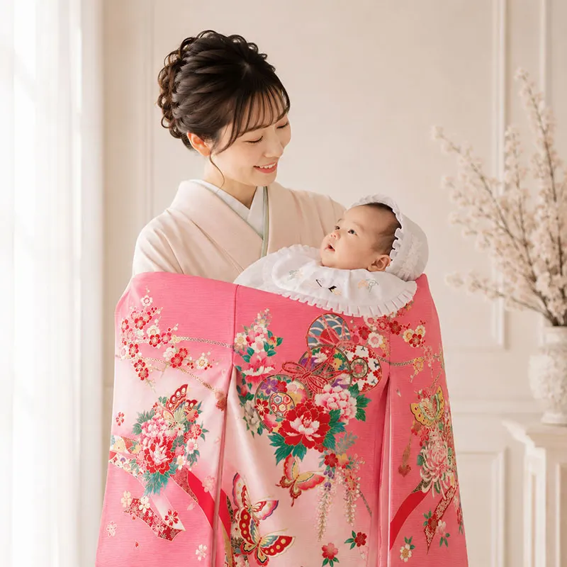 レンタル 正絹 絽 夏用 産着 女の子 ピンク No.4
