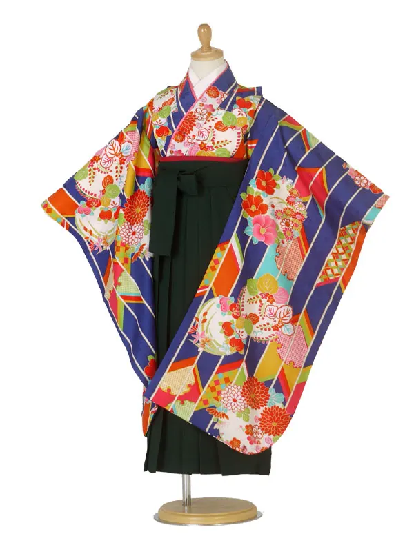 レンタル 小町kids 卒園用着物と袴 青 No.3