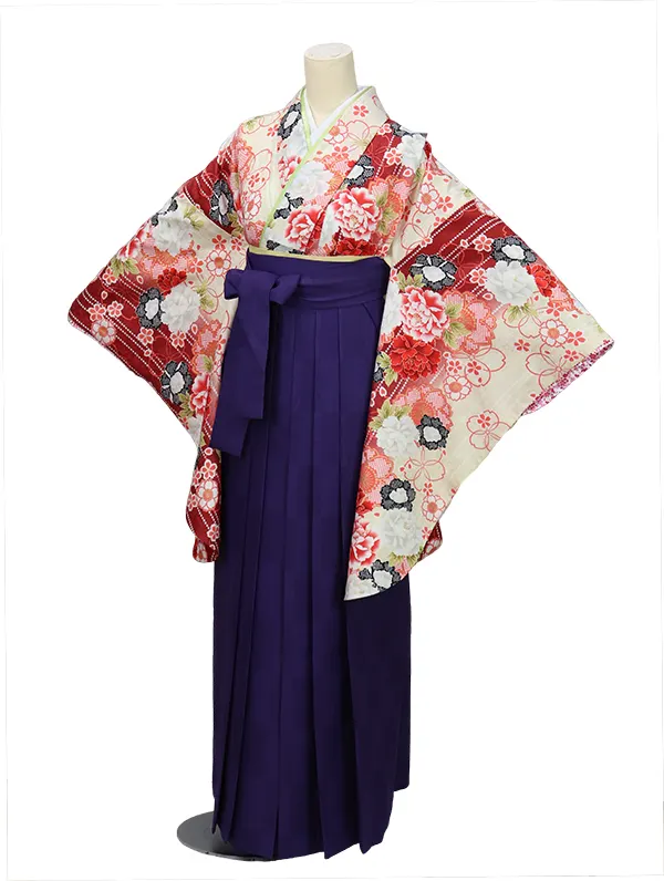 卒業式袴/白×赤 むらさき ライン 花 AG0017