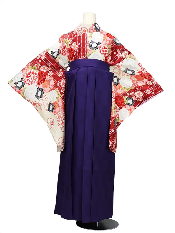 卒業式袴/白×赤 むらさき ライン 花 AG0017