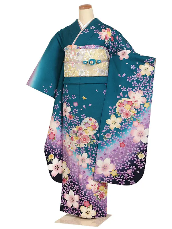 振袖 青緑系 四季草花(桜・菊)
