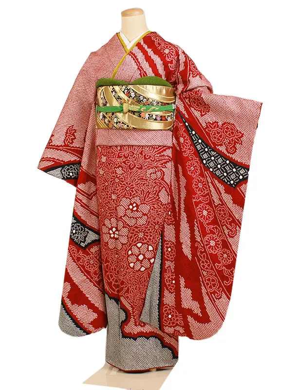 振袖 広幅 赤系 疋田・熨斗 0215