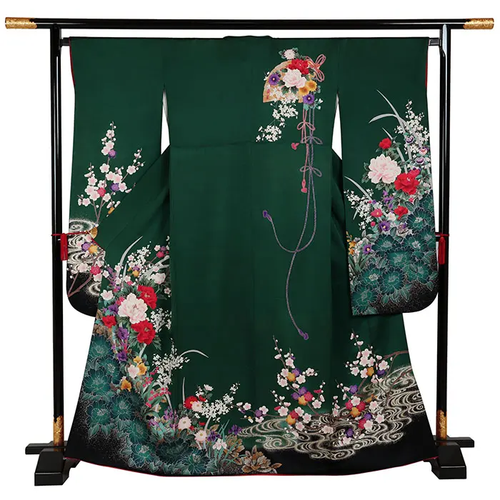 振袖 深緑系 四季花 0225