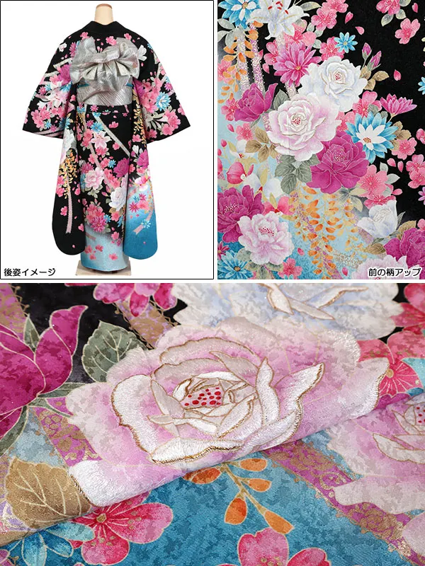 振袖 広幅 黒系 花束 0888