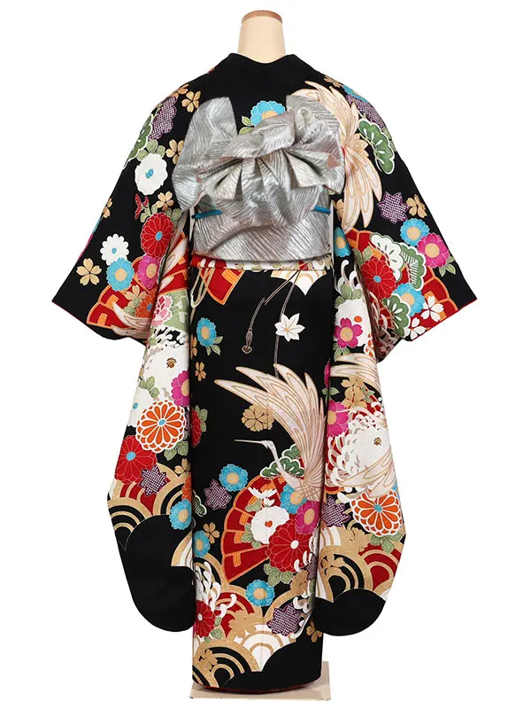 振袖  kansai 黒系 菊紋に鶴 0894