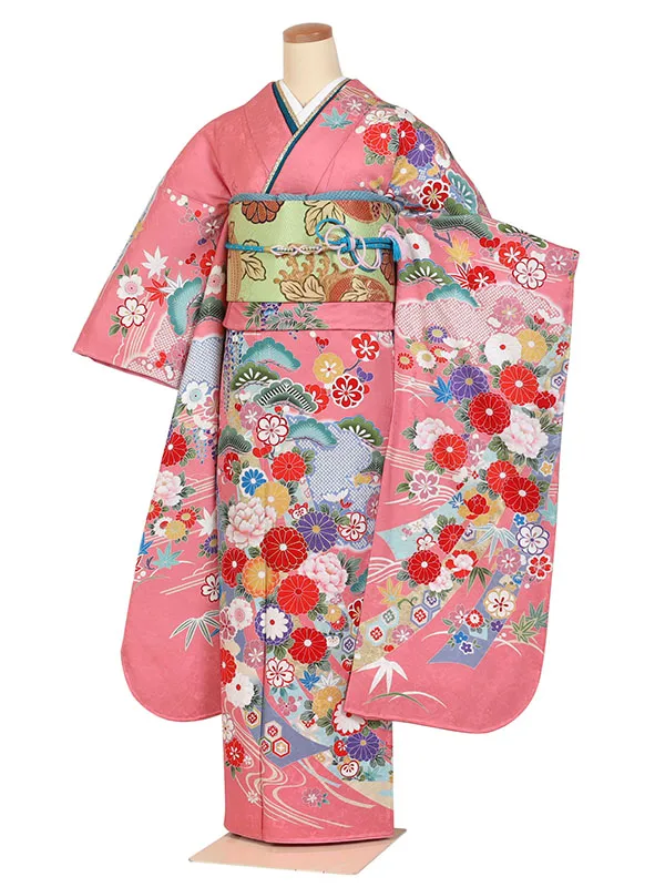 振袖 IKKO RED RABEL ピンク系 流水に四季花 0897
