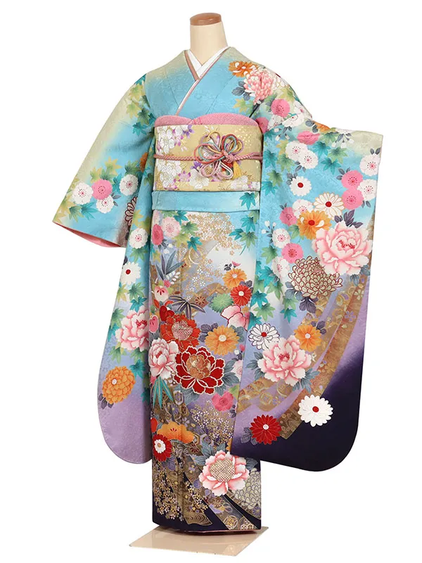 振袖 IKKO 水色系 熨斗に四季花 0899