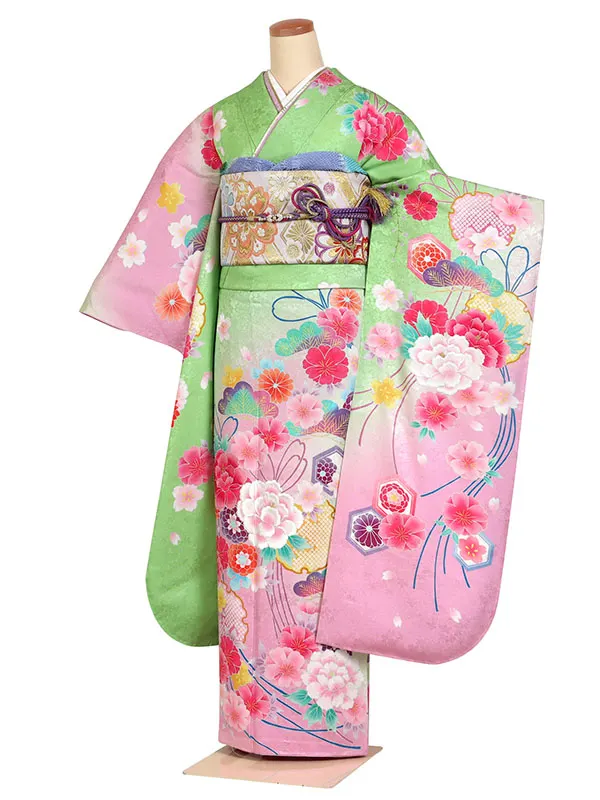 振袖 緑系 古典 花束 吉祥文様 0900