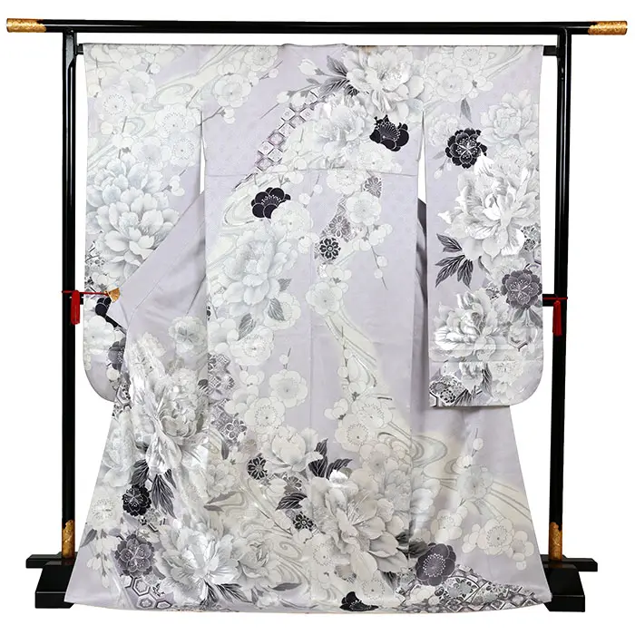 振袖 青系 流水に大輪の牡丹 0908