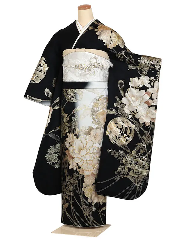 振袖 黒系 四季花に花の丸紋  0912