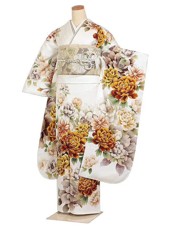 振袖 白系 牡丹に芍薬 0913