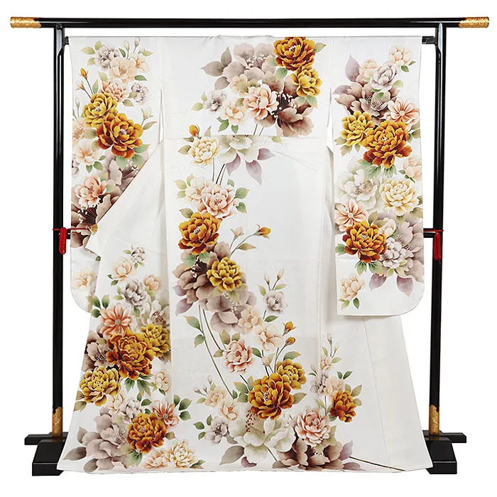 振袖 白系 牡丹に芍薬 0913