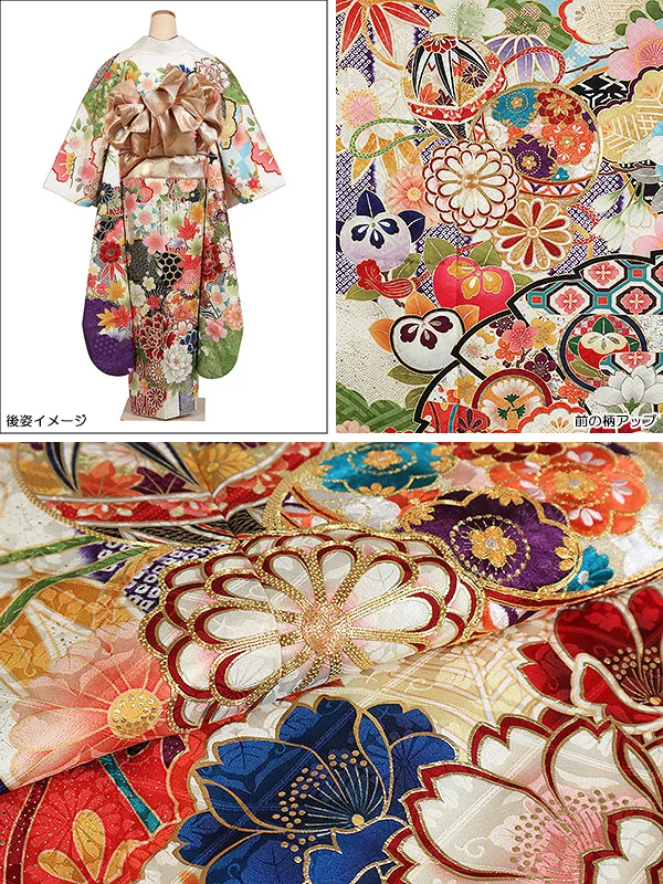 振袖 白系 古典 牡丹に毬･扇面 0914