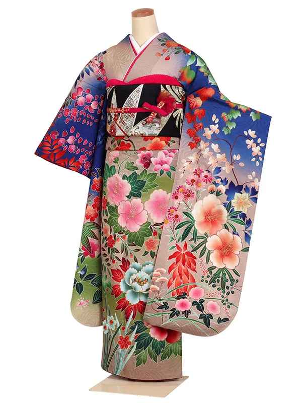振袖 ベージュ系 古典 四季花に蝶 0916