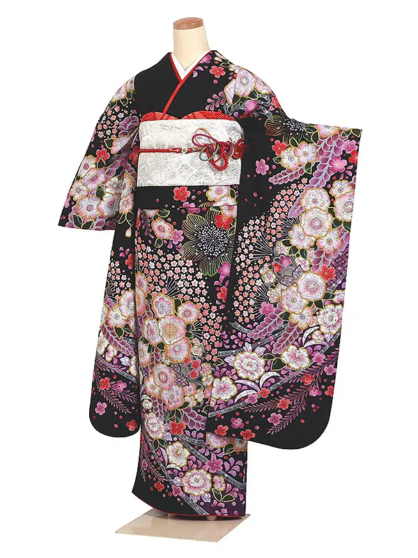 振袖 黒系 空絞りに相良刺繍(玉縫い) 辻が花 0920