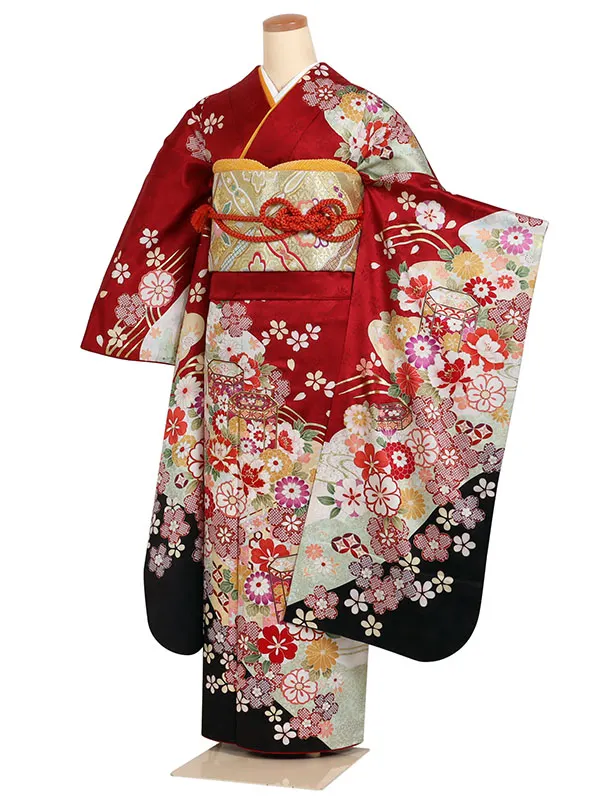 振袖 広幅 赤系 四季花に貝桶 0928