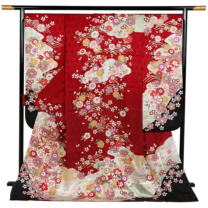 振袖 広幅 赤系 四季花に貝桶 0928