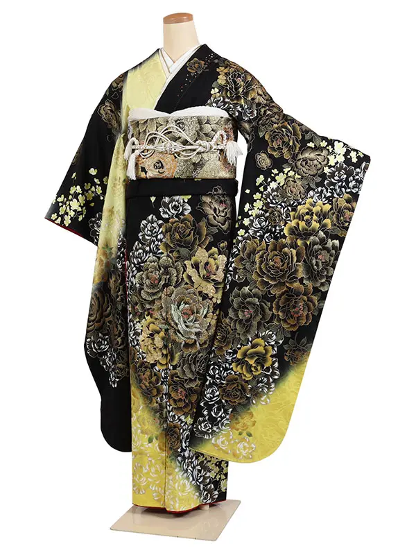 振袖 ”桂由美” 黒系 大輪の牡丹 金彩加工 0939