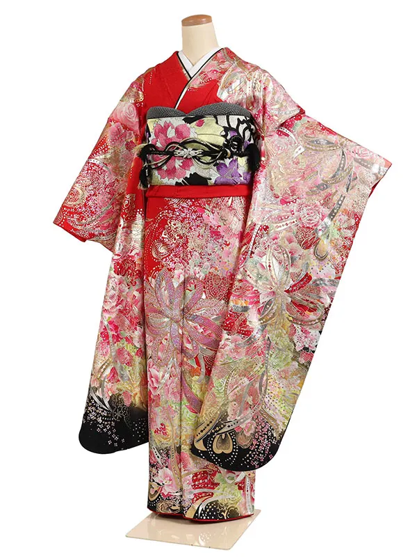 振袖 赤系 花束 金彩加工 ｽﾊﾟﾝｺｰﾙ 0945