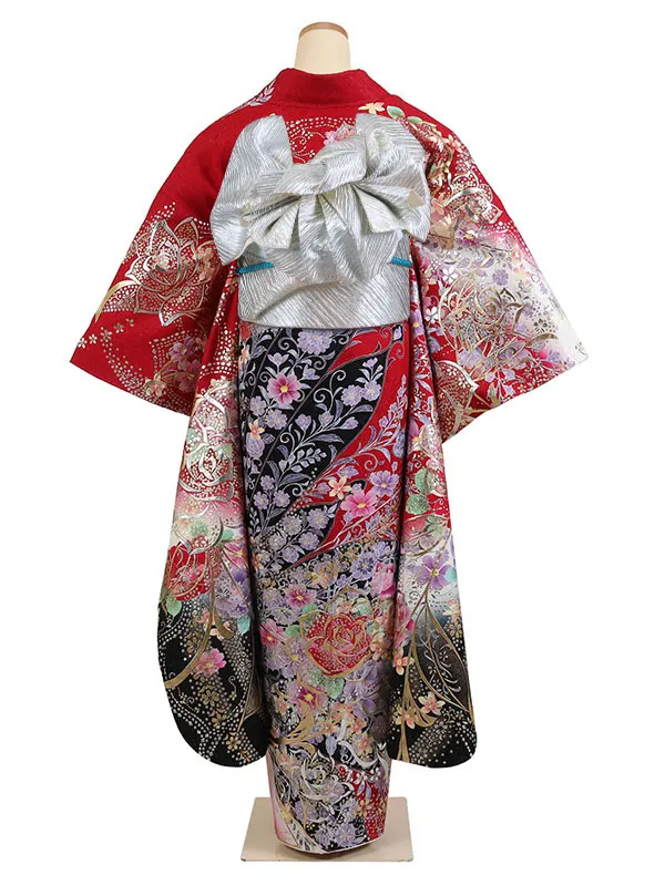 振袖 赤系 薔薇に唐草 金彩加工 ｽﾊﾟﾝｺｰﾙ 0947