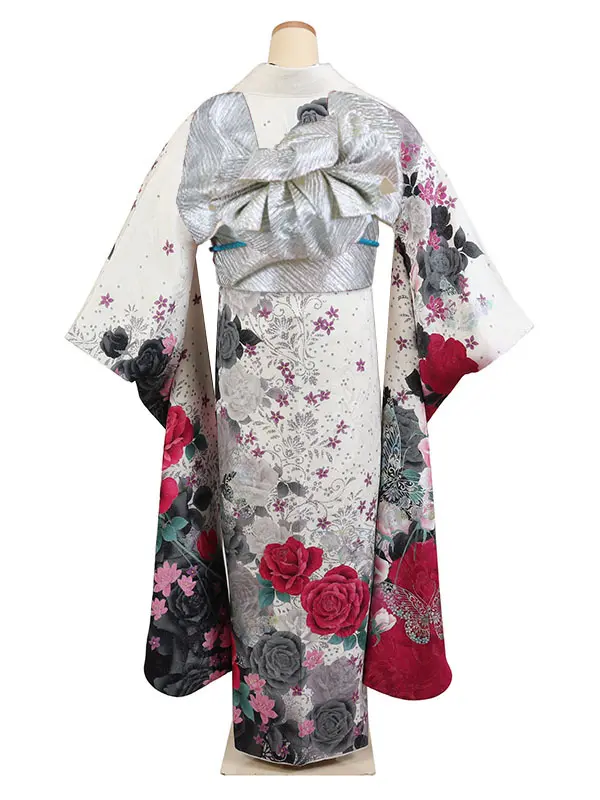 振袖 白系 薔薇更紗と蝶 0953