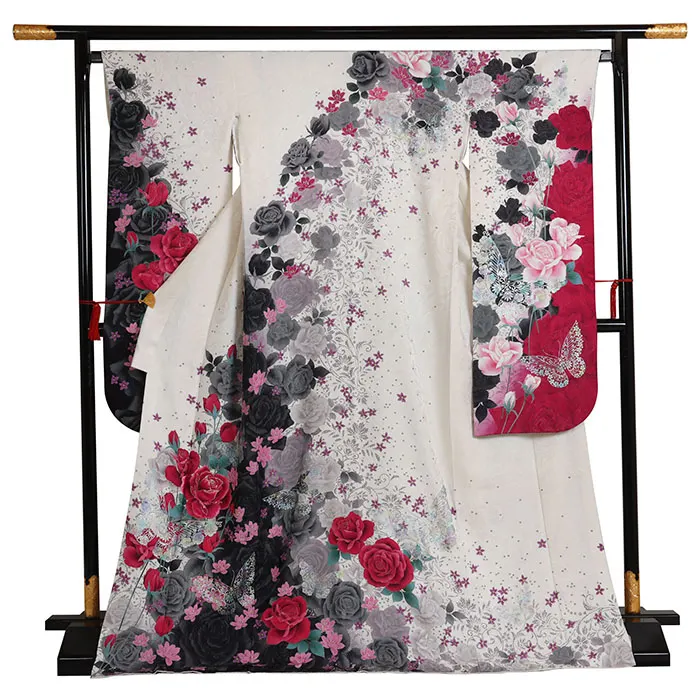 振袖 白系 薔薇更紗と蝶 0953