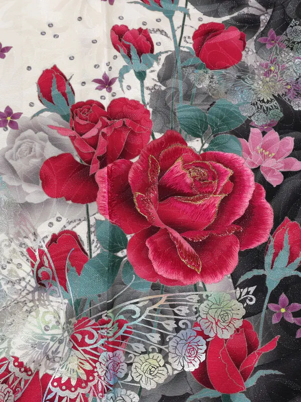 振袖 白系 薔薇更紗と蝶 0953